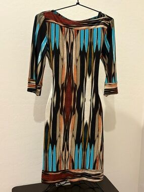 dressbarn Multicolor Long Sleeve Geometric Shift Dress - Blue, Black & Brown